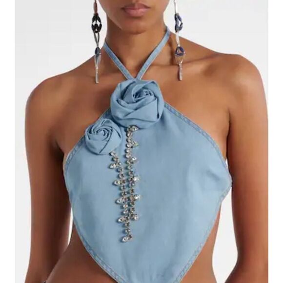 AREA Tops - AREA Floral Appliqué Denim Halter Top Super Light Blue Medium 100% Cotton
